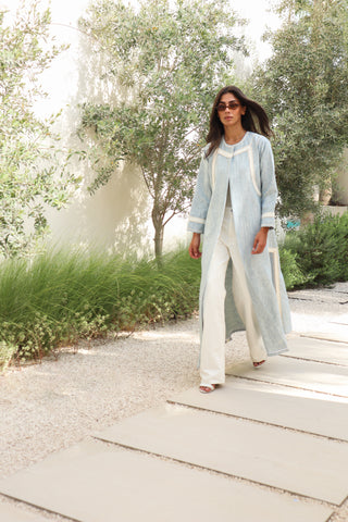 Letters From Kyoto S.KO6 elegant sky blue abaya with textured fabric and delicate white trim details