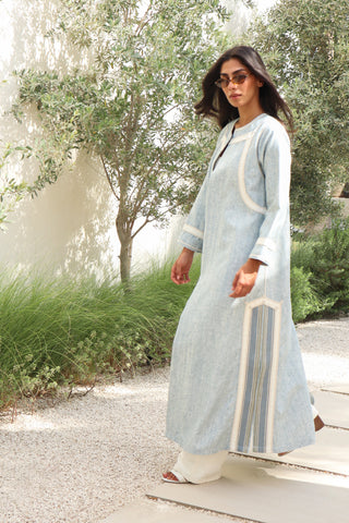 Letters From Kyoto S.KO6 elegant sky blue abaya with textured fabric and delicate white trim details