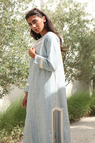 Letters From Kyoto S.KO6 elegant sky blue abaya with textured fabric and delicate white trim details