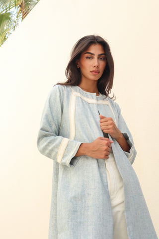 Letters From Kyoto S.KO6 elegant sky blue abaya with textured fabric and delicate white trim details