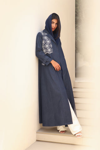 Shimmer-The Art of Layers S.LO2 - a luxurious denim abaya featuring beautifully embroidered floral panels that add depth and elegance to the design. 