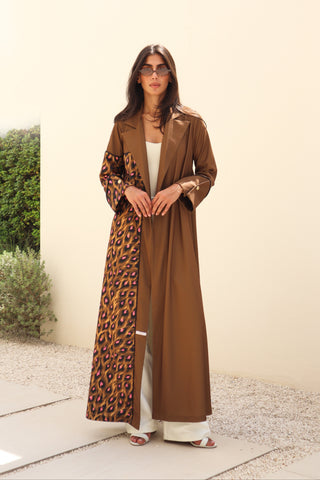 The Language Of Flowers S.FO6 - sophisticated brown abaya featuring a rich printed statement panel that adds a distinctive touch to the design. 