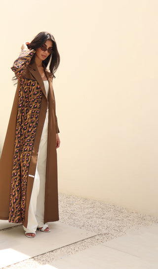 The Language Of Flowers S.FO6 - sophisticated brown abaya featuring a rich printed statement panel that adds a distinctive touch to the design. 