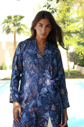 Letters From Kyoto S.KO7 elegant navy abaya with ocean-inspired print and refined gold buttons