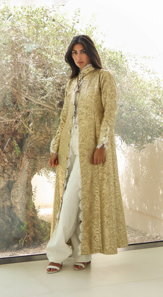 Letters From Kyoto S.KO4 – gold textured abaya with white lace detailing and covered buttons