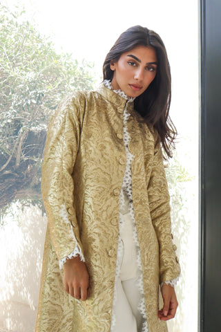Letters From Kyoto S.KO4 – gold textured abaya with white lace detailing and covered buttons