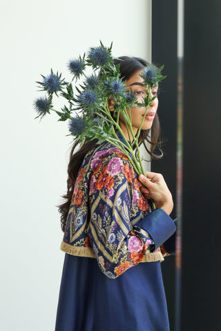 shimmer-The Art of Layers S.LO6 - a striking navy floral abaya featuring beautifully printed sleeves accented with delicate fringe details.