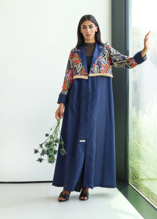 shimmer-The Art of Layers S.LO6 - a striking navy floral abaya featuring beautifully printed sleeves accented with delicate fringe details.