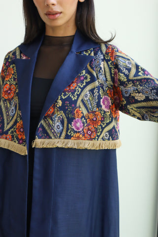 shimmer-The Art of Layers S.LO6 - a striking navy floral abaya featuring beautifully printed sleeves accented with delicate fringe details.