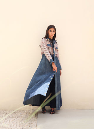 shimmer-The Art of Layers S.LO7 - a distinctive denim abaya featuring textured pink tweed detailing and elegant gold buttons.