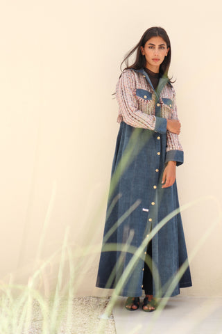 shimmer-The Art of Layers S.LO7 - a distinctive denim abaya featuring textured pink tweed detailing and elegant gold buttons.