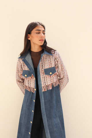 shimmer-The Art of Layers S.LO7 - a distinctive denim abaya featuring textured pink tweed detailing and elegant gold buttons.