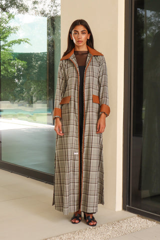 Shimmer - The Art of Layers S.LO8 - a refined check abaya featuring a rich brown leather collar, cuffs, and pocket details for a sophisticated finish. 