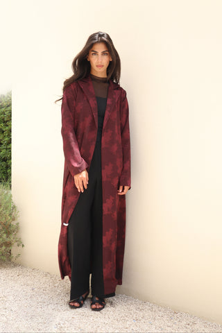 The Language Of Flowers S.FO9 burgundy floral abaya with subtle floral pattern and jacket-style collar