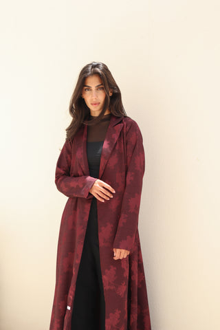 The Language Of Flowers S.FO9 burgundy floral abaya with subtle floral pattern and jacket-style collar
