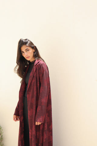 The Language Of Flowers S.FO9 burgundy floral abaya with subtle floral pattern and jacket-style collar